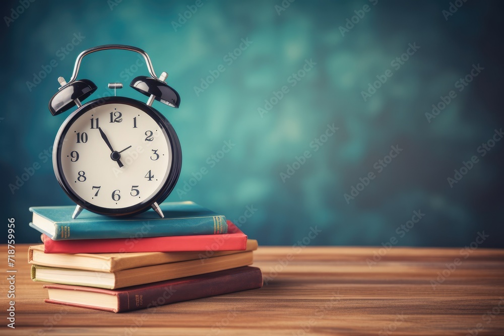 Alarm clock and stack of books on wooden table. Back to school concept Ai generated Alarm clock and stack of books on wooden table. Back to school concept Ai generated
