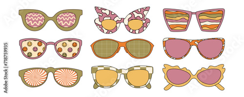 Groovy hippie sunglasses set. Vector illustrations isolated on white background.