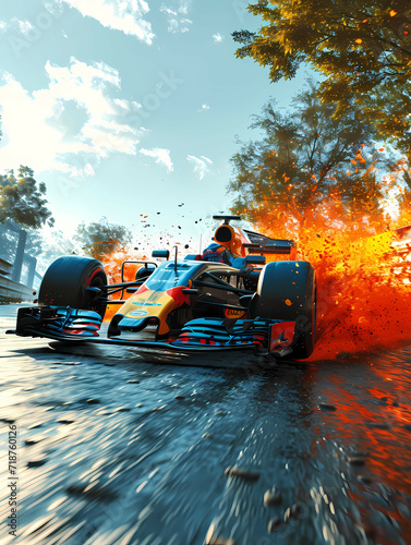 Formula One Style Race Car, A Race Car On A Road With Flames Coming Out Of It