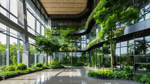 Eco-friendly interior office building in the modern city. Sustainable glass office building with tree for reducing heat and carbon dioxide. Office building with green environment. 