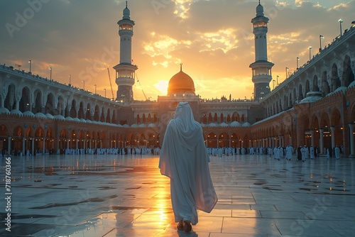 Golden Sunset at the Grand Mosque Generative AI photo