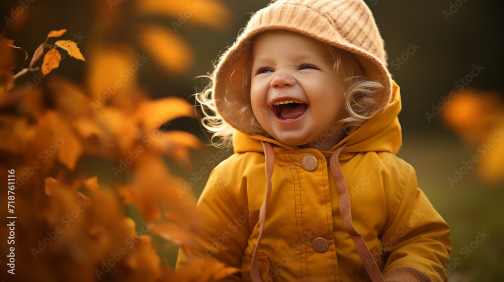 Little child laughing and playing at the park in autumn Little child laughing and playing at the park in autumn