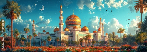 Arabian Nights: A Dreamy Mosque in a Cloudy Sky Generative AI photo