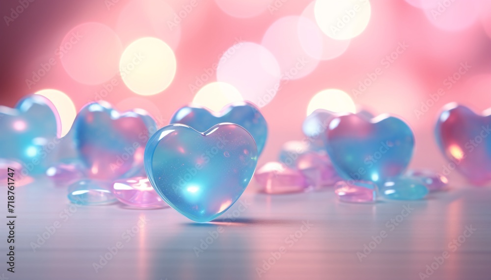 an with several pink and blue hearts on a table