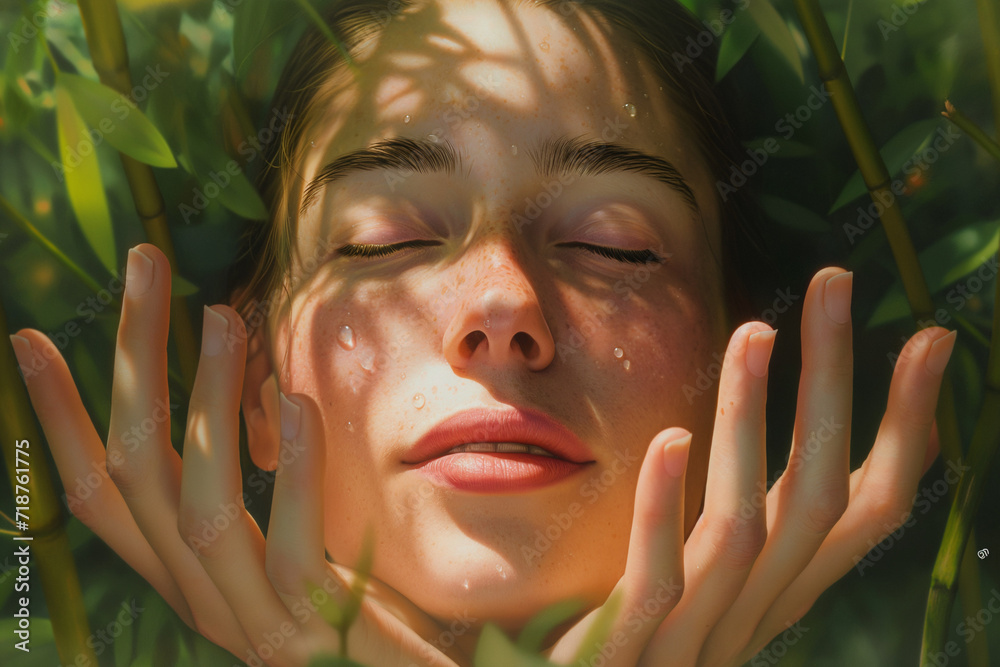 A close-up of a yogi in Tadasana. gentle hands hold earth's embrace. Closed eyes, serene smile - inner bloom unfolds. Blurry forest whisper