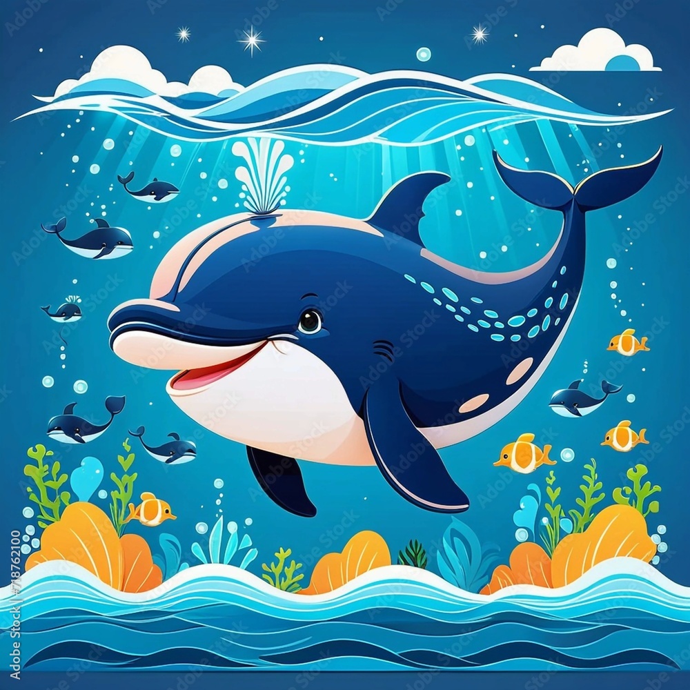 Obraz premium cute whale cartoon vector illustration, Generated AI