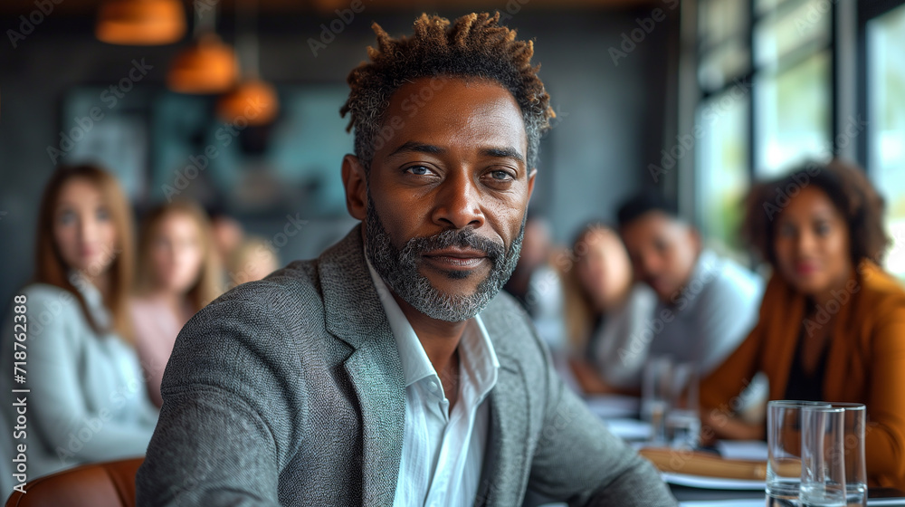 Portrait of an elegant man sitting in a crowded meeting room. Portrait of an elegant man sitting in a crowded meeting room.