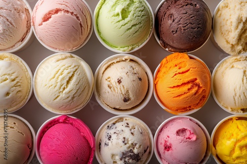 Top view of delicious scoops of creamy ice cream in different colors and flavors