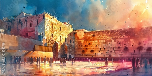 A Colorful Sunset at the Western Wall Generative AI