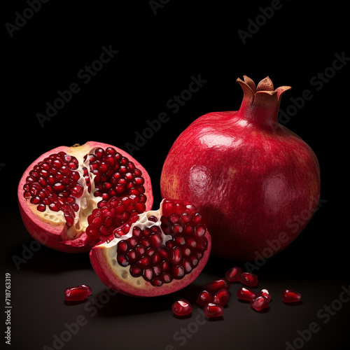 Ripe pomegranate fruit with seeds isolated on black background