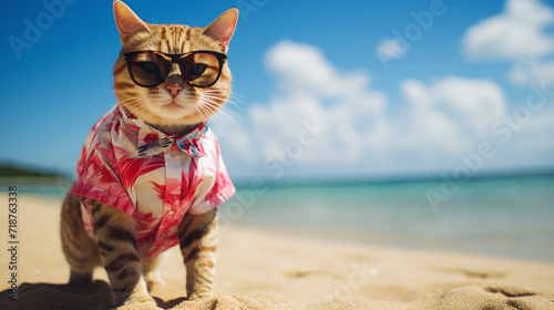 Cats dress up for summer and come for a walk on the beach. Ai generate. © MOUNTAIN