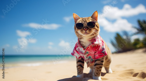 Cats dress up for summer and come for a walk on the beach. Ai generate. © MOUNTAIN