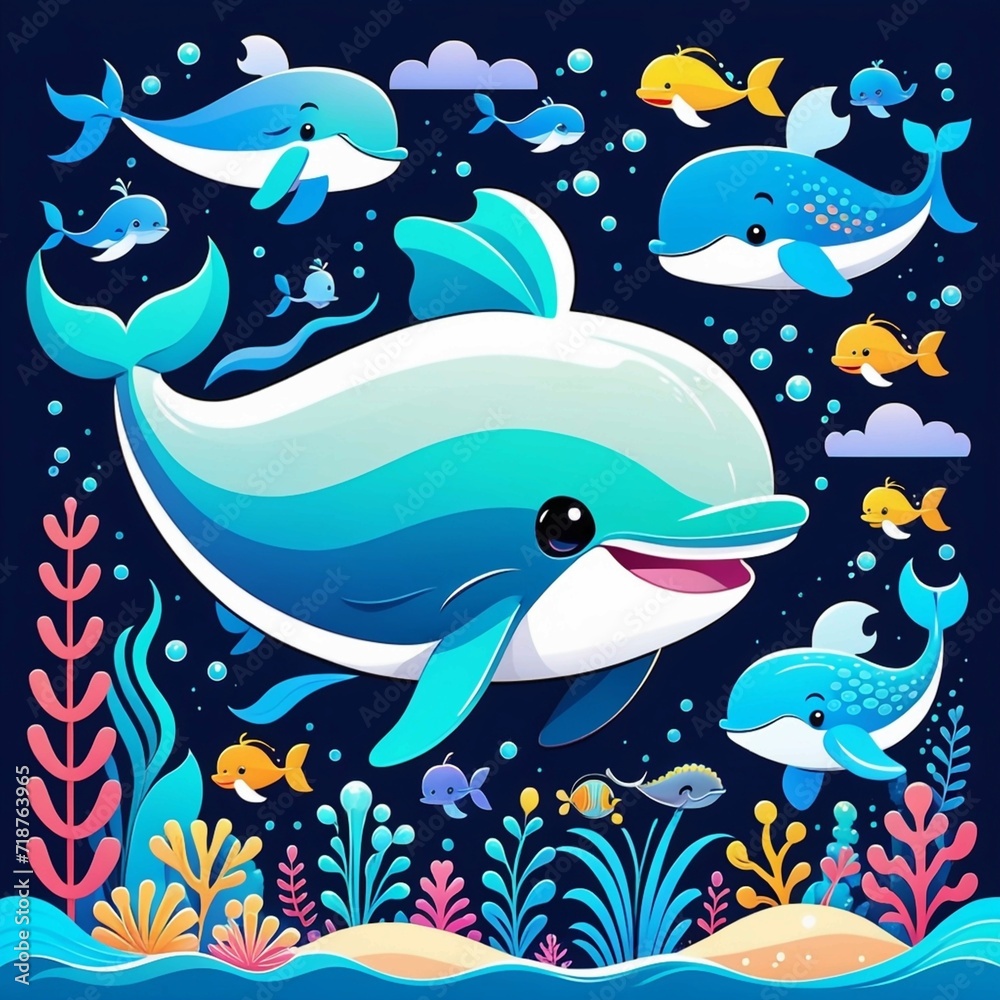 Obraz premium cute whale cartoon vector illustration, Generated AI