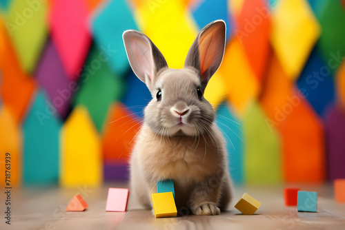 Cool Easter Rabbit Against Colorful Background  A Rabbit With Many Colorful Blocks