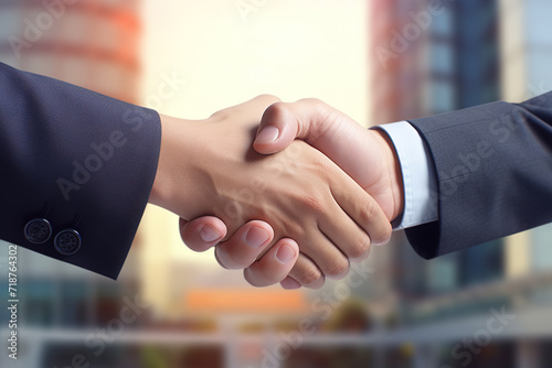 Business people in office suits standing and shaking hands on sunset, close-up. Business communication concept. Handshake and marketing