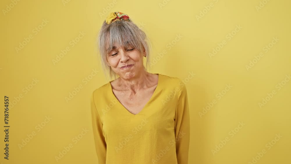 Hilarious middle age woman with grey hair in pony tail pulling off a crazy funny face by puffing cheeks full of air, against yellow isolated background Hilarious middle age woman with grey hair in pony tail pulling off a crazy funny face by puffing cheeks full of air, against yellow isolated background