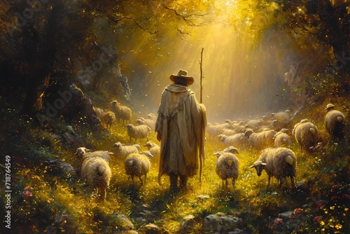 Shepherd's Delight: A Pastoral Painting of a Shepherd with a Flock of Sheep in a Sunlit Meadow Generative AI