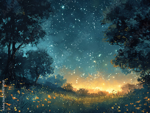Enchanted forest glade with fireflies and starry night sky. Fantasy landscape concept for poster and wallpaper design
