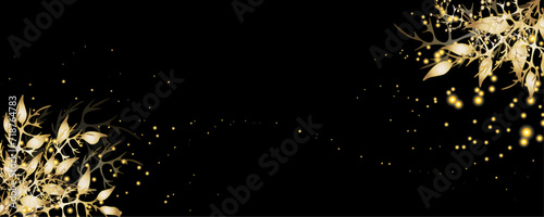 Vector art deco luxury flower, leaves, gold shine line art background. Golden botany banner. Japanese style Hand drawn vector. Line art style design. Hand drawn florals for packaging,coveand wall arts