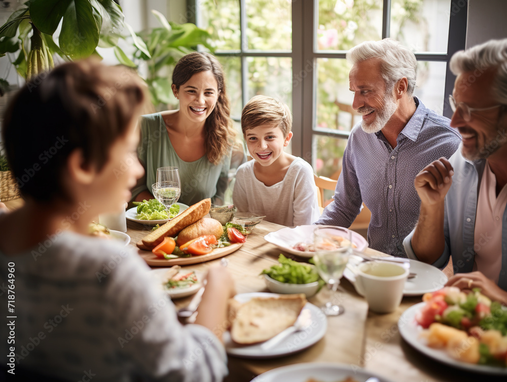 Happy multi-generation family smiling and having fun together during lunch or dinner in dining room. Happy multi-generation family smiling and having fun together during lunch or dinner in dining room.