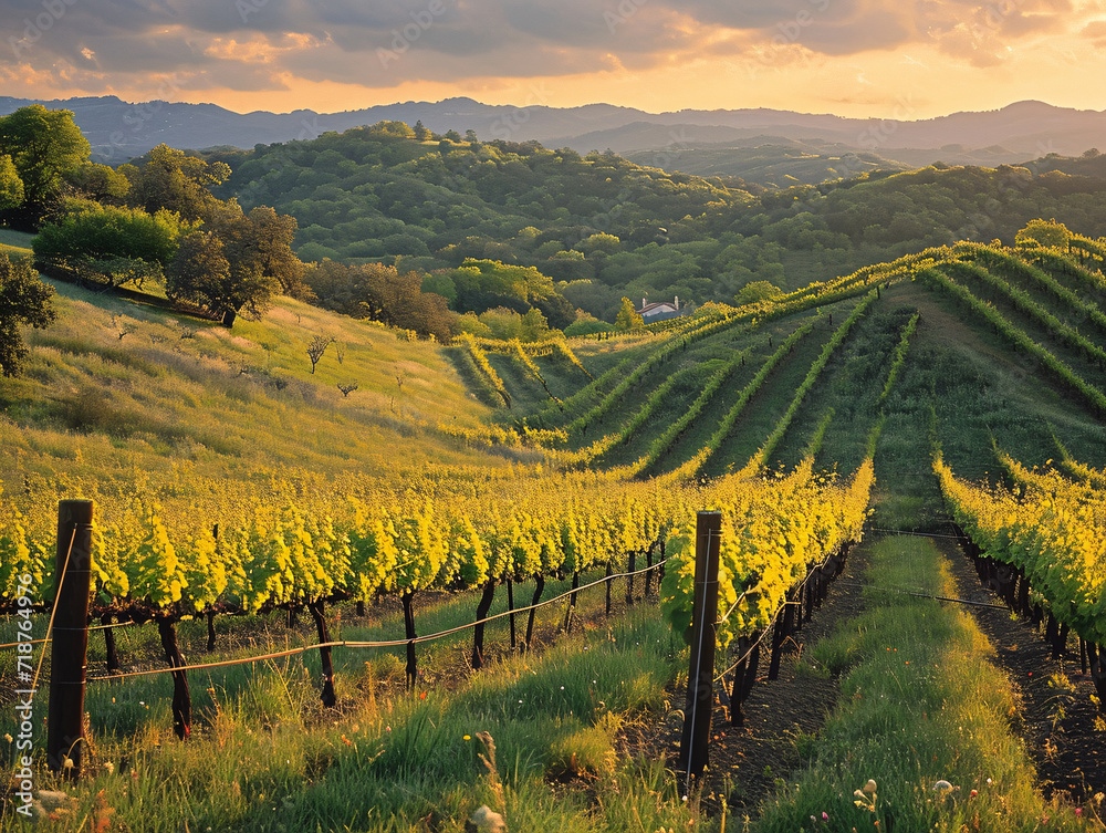Sunset over vineyard hills with golden light. Wine country landscape for travel and tourism design
