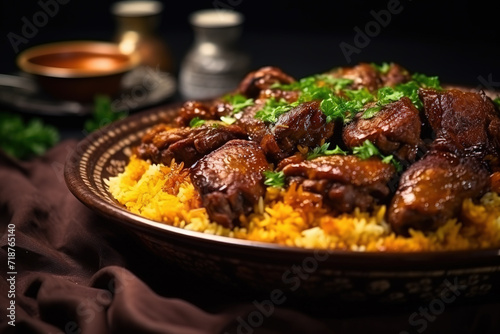 The national Saudi Arabian dish chicken kabsa with roasted chicken, pilaf