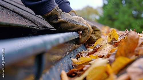  hand cleaning leaves in a rain gutter on roof photo