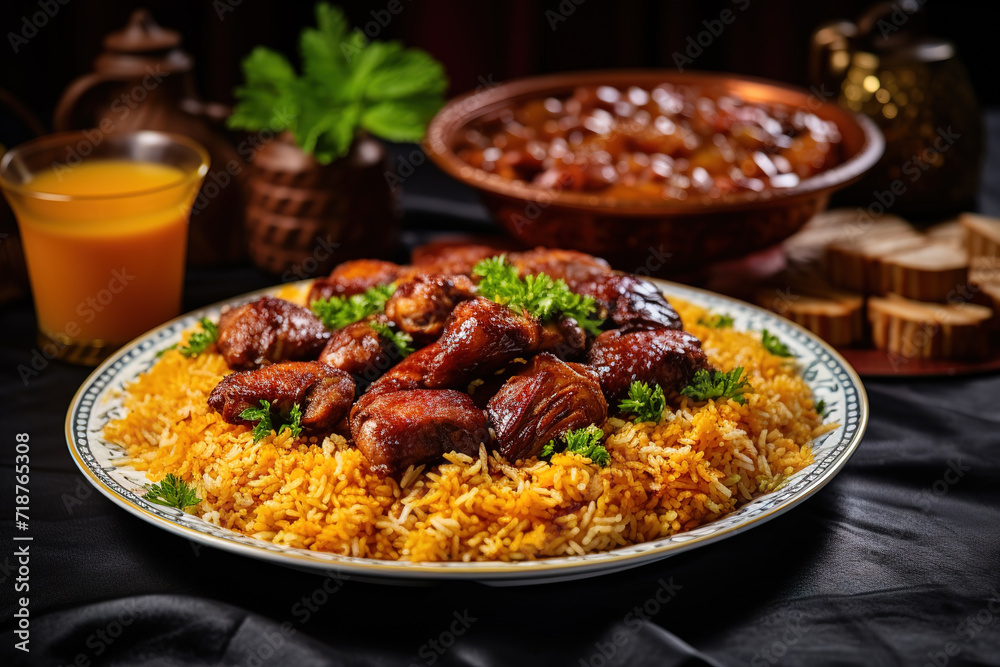 Chicken kabsa - homemade arabian rice, Saudi food. The national Saudi Arabian dish chicken kabsa with roasted chicken