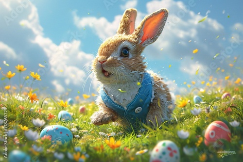 Bunny Boots - A cute bunny wearing blue boots and surrounded by colorful eggs  creating a playful and whimsical scene. Generative AI