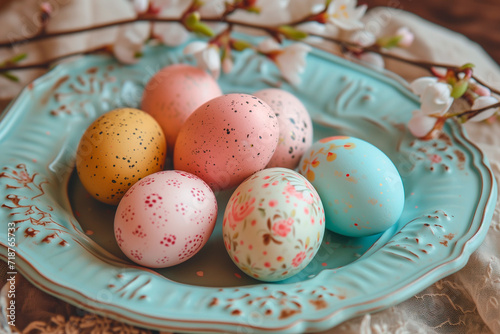 Decorated pastel colored Easter eggs on vintage plate