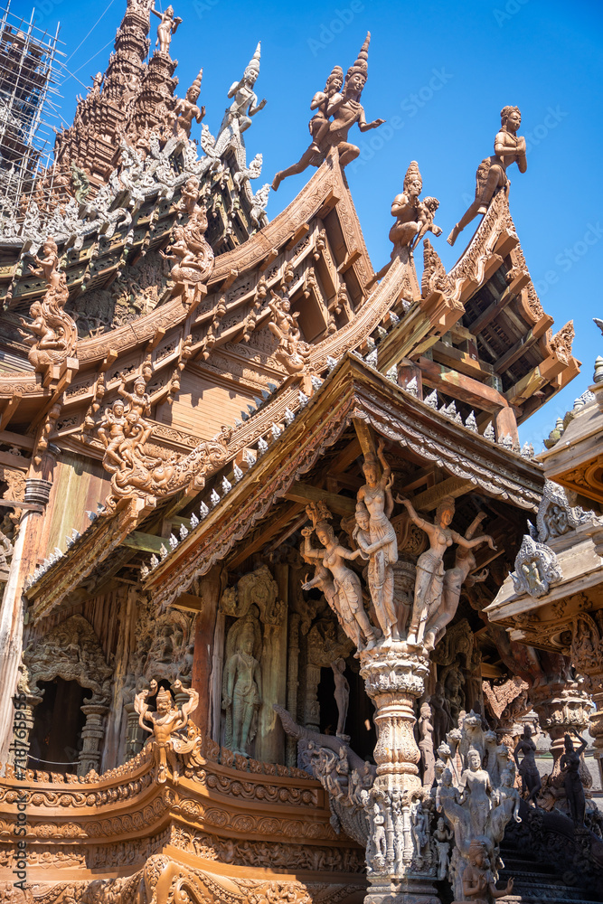 Sanctuary of Truth wooden temple in Pattaya Thailand is a gigantic wood construction located at the cape of Naklua Pattaya City. Sanctuary of Truth temple. 