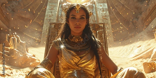 Golden Goddess: Egyptian Queen in a Golden Throne Generative AI photo