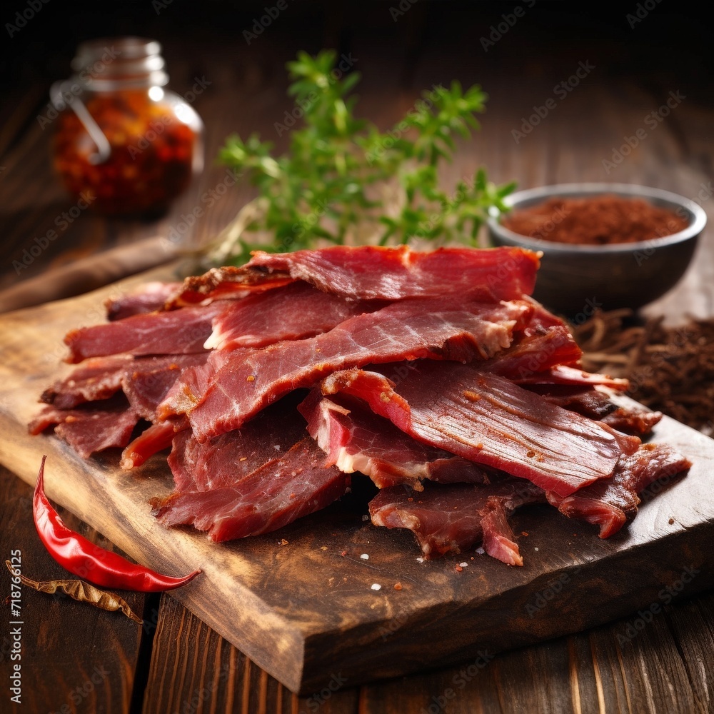 Beef jerky on a wooden board, Sliced beef. Healthy meat with herbs. AI created.
