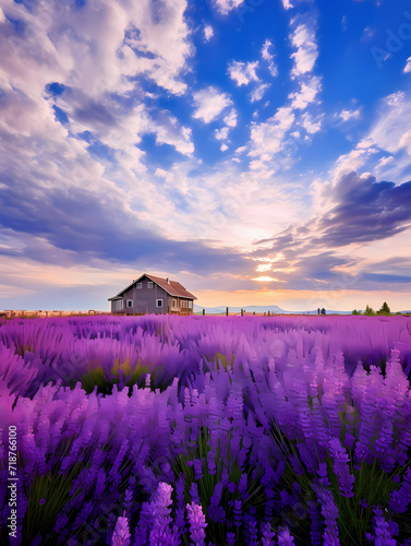 Large Lavender Flower Sea, A House In A Field Of Lavender