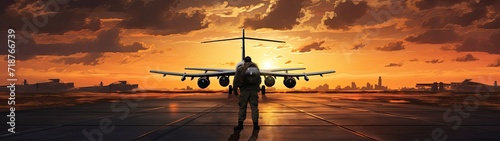 The silhouette of a military airplane on the runway, bathed in the warm hues of a sunset at the airport. photo