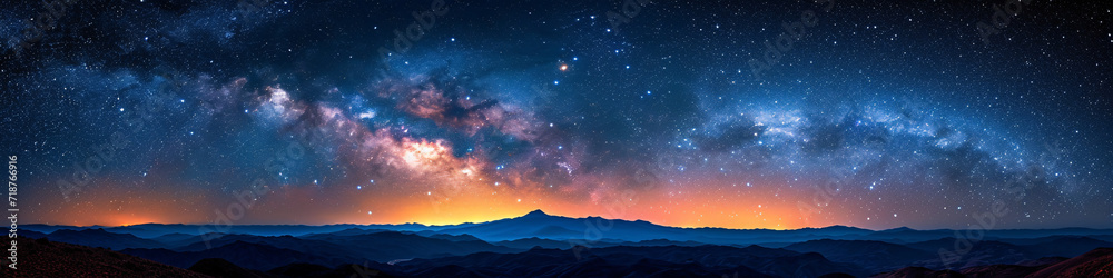 Stunning Milky Way galaxy panorama over a rugged mountain terrain. Night sky photography and cosmic discovery concept

