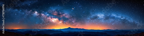 Stunning Milky Way galaxy panorama over a rugged mountain terrain. Night sky photography and cosmic discovery concept 