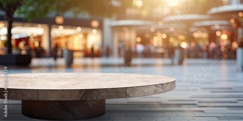 Stone table and blurred shopping plaza - ideal for showcasing or creating product montages. photo