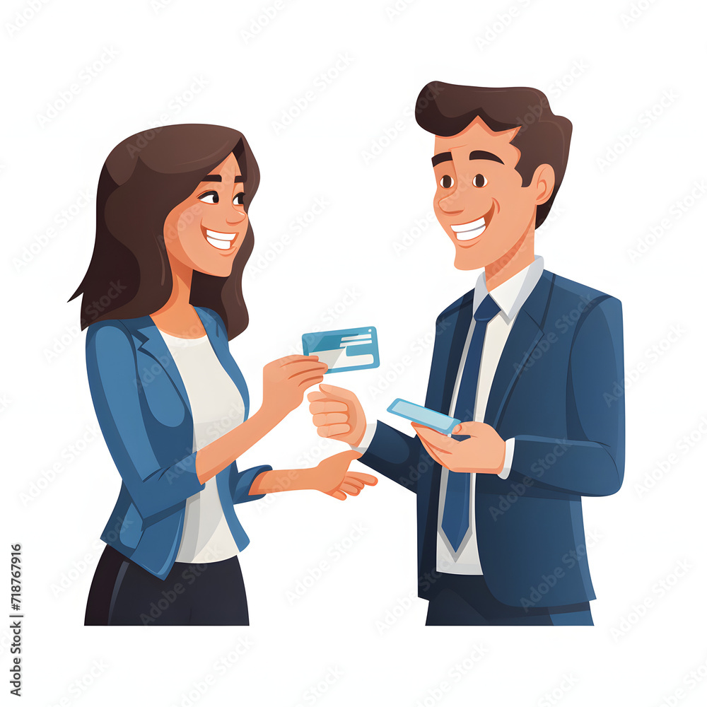 Close-up of people exchanging business cards, symbolizing professional networking isolated on white background, cartoon style, png
