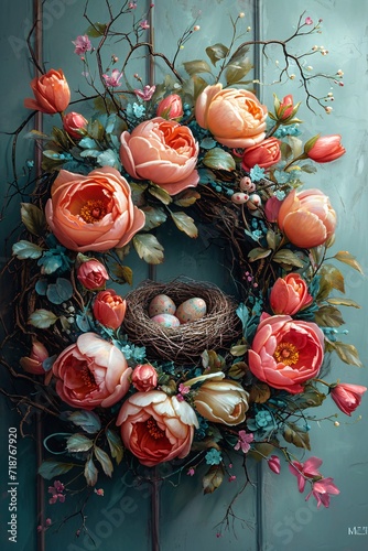 Pink Peonies and Easter Eggs  A Springtime Wreath Generative AI