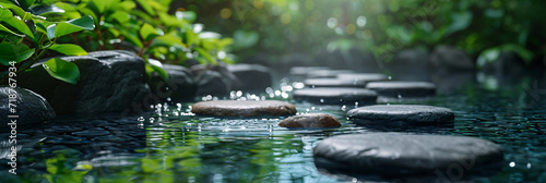 Tranquil spa setting with stone pathway and lush foliage. Serene wellness and relaxation environment concept 