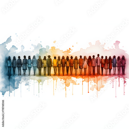 People from different backgrounds forming a human chain isolated on white background, doodle style, png 