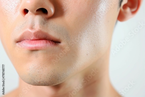 日本人男性の顎・口元のパーツのアップ写真（白背景・美肌・脱毛・ヒゲ脱毛）