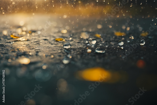 rain drops. rain drops on the land. Raindrops on the wet asphalt in the rain. Blurred background. Wet asphalt road.