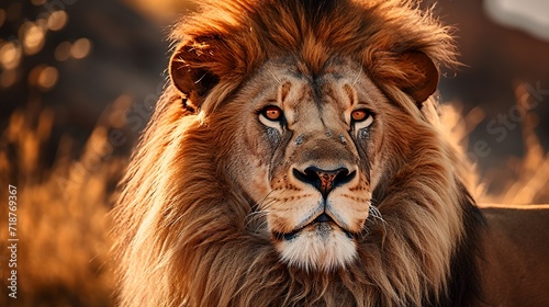 A closeup shot of a lion laying on the ground while looking