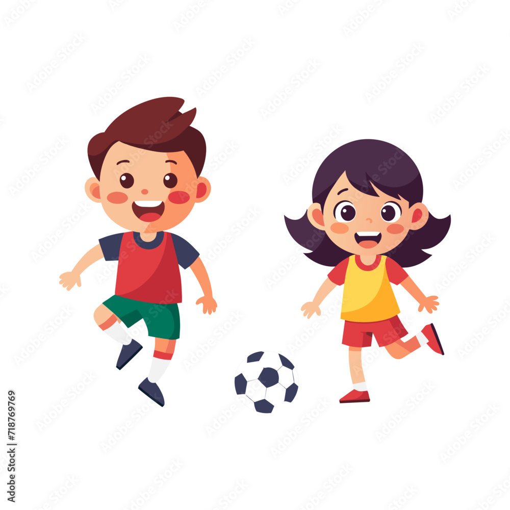 Children playing football happily on white background. Flat vector Children playing football happily on white background. Flat vector