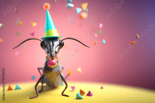 Creative animal concept. Ant insect in party cone hat necklace bowtie outfit isolated on solid pastel background advertisement, copy text space. birthday party invite invitation	
