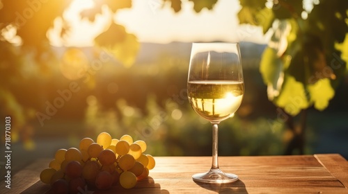 A Tranquil Sunset View With a Glass of White Wine and Grapes on a Vineyard Table