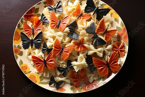 a classic pasta dish adorned with vibrant butterfly-shaped garnishes. Generative AI