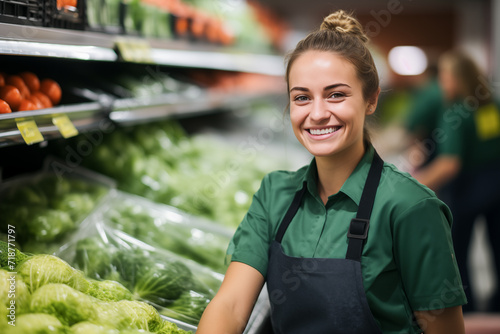 Happy female worker at vegetable section in supermarket looking at camera.